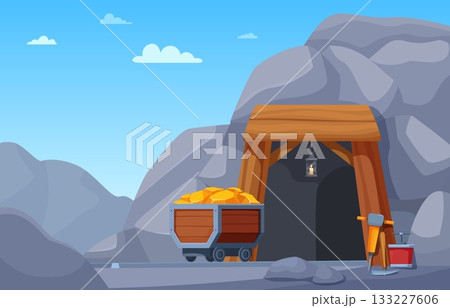 Mining cave entrance. Cart with golden bars near an abandoned cave in rock. Minecart on rails, mining works in mountain, industrial sapid vector scene 133227606