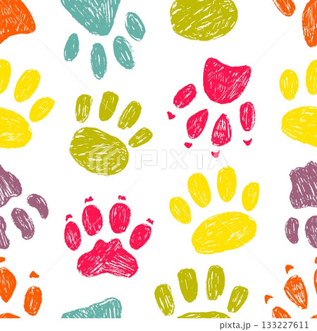 Pet paw seamless pattern. Vibrant animalistic print design, animal footprints, dog cat paws. Printable template pencil style drawing, neoteric vector background Pet paw seamless pattern. Vibrant animalistic print design, animal footprints, dog cat paws. Printable template pencil style drawing, neoteric vector background 133227611