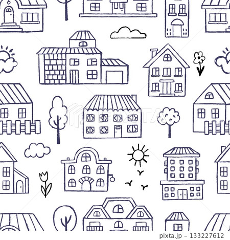 Crayon drawing houses. Sketch pencil or chalk drawn buildings. Decorative art print for fabric, wrapping paper or web site, neoteric vector seamless pattern Crayon drawing houses. Sketch pencil or chalk drawn buildings. Decorative art print for fabric, wrapping paper or web site, neoteric vector seamless pattern 133227612