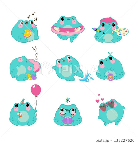 Funny kawaii frogs. Positive toads various poses and emotions. Frog musician, painter, birthday party, sleeping and flirting. Nowaday stickers vector clipart 133227620