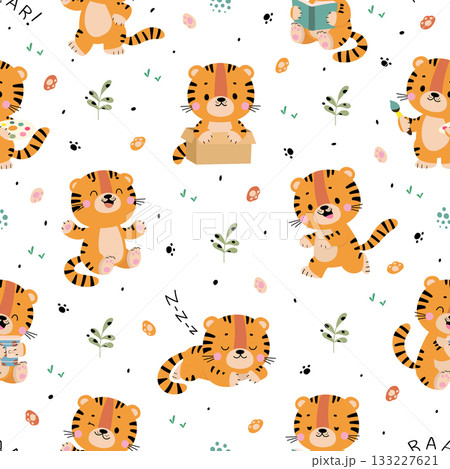 Cartoon cute tigers pattern. Tiger print template, wild animal children mascot. Design for fabric, wrapping, wallpaper, website. Nowaday vector background 133227621