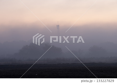 朝靄に沈む畑と淡い空に浮かぶ電波塔 133227829