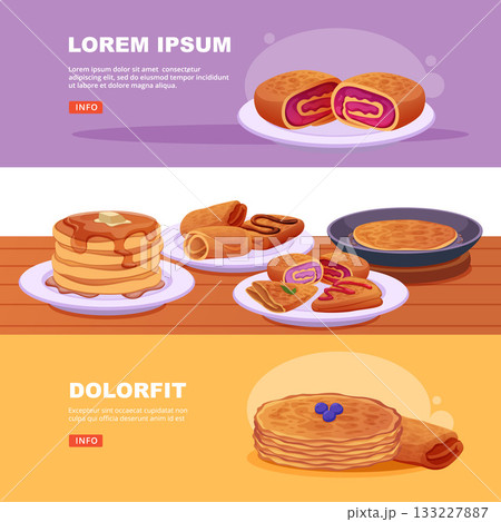 Pancakes. banners with different delicious pancakes on plates Pancakes. banners with different delicious pancakes on plates 133227887