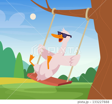 Duck on swing. outdoor background with cartoon cartoon funny bird. vector duck 133227888