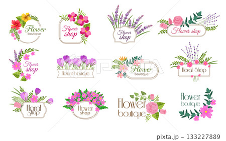 Floral badges. Design templates with decorative flowers and floral elements recent vector illustration with place for text Floral badges. Design templates with decorative flowers and floral elements recent vector illustration with place for text 133227889