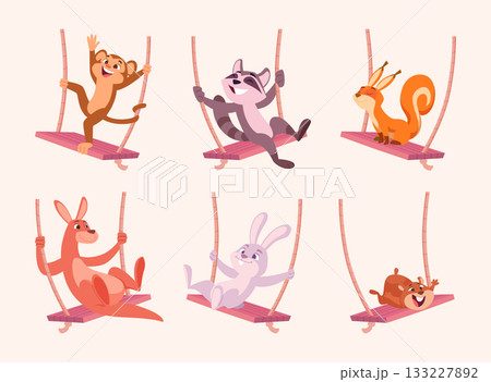 Animals on swing. Cute little baby characters riding outdoor on swings exact vector childish illustrations 133227892