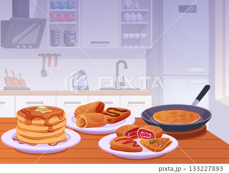 Pancakes. Tasty dessert food on kitchen table exact vector pancakes with syrup 133227893