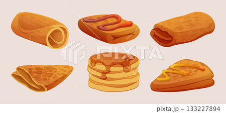 Pancakes. Delicious dessert pancakes with syrup chocolate and fruits exact vector food illustration in cartoon style 133227894
