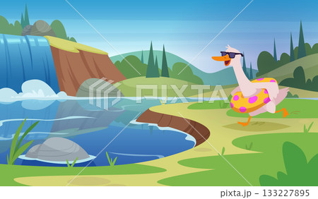 Goose. Cartoon outdoor background with cute funny duck or goose flying and walking exact vector template 133227895