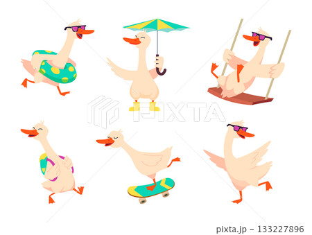 Cartoon goose. Domestic animal bird goose and mom duck in action pose flying walking sitting exact vector cute characters 133227896