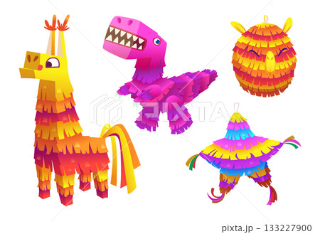 Pinatas. Cartoon mexican party toys with sweets exact vector different pinatas Pinatas. Cartoon mexican party toys with sweets exact vector different pinatas 133227900