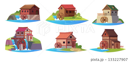 Wooden mill. Old style building with water wheel exact vector cartoon template Wooden mill. Old style building with water wheel exact vector cartoon template 133227907