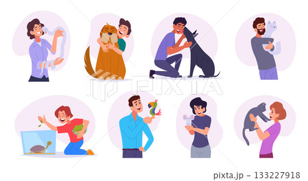 Dog owners. Happy animals cats and dogs exact vector domestic pets owners 133227918