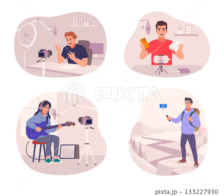 Bloggers. Audio video and write content web production characters exact vector bloggers characters Bloggers. Audio video and write content web production characters exact vector bloggers characters 133227930