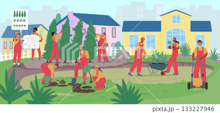 Professional landscape designer and skilled gardeners team working on yard outdoors cartoon scene 133227946