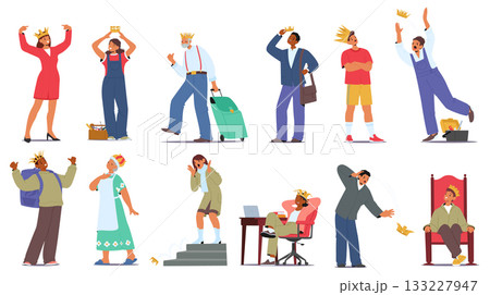 Diverse people wearing golden crowns representing strong self-esteem or excessive narcissism set Diverse people wearing golden crowns representing strong self-esteem or excessive narcissism set 133227947