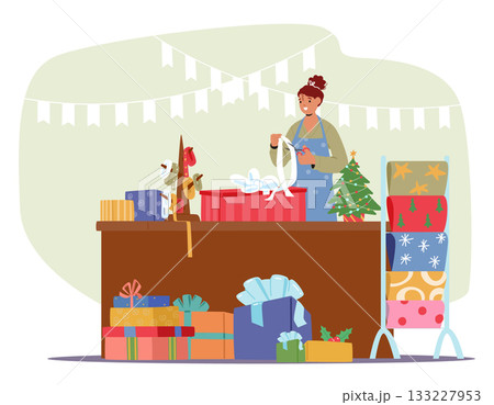 Saleswoman engaged in wrapping gifts providing skilled high-quality retail service cartoon scene Saleswoman engaged in wrapping gifts providing skilled high-quality retail service cartoon scene 133227953