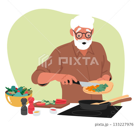 Retired senior man happy cartoon character preparing food cooking dinner at home kitchen scene 133227976