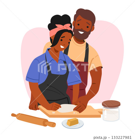 Happy married family couple baking together at home kitchen enjoying domestic bliss cartoon scene Happy married family couple baking together at home kitchen enjoying domestic bliss cartoon scene 133227981