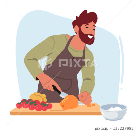 Happy man cartoon character cutting vegetables for salad while cooking dinner at home kitchen Happy man cartoon character cutting vegetables for salad while cooking dinner at home kitchen 133227983