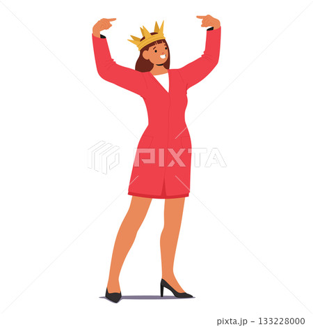 Woman cartoon character in elegant dress pointing at golden crown on her head isolated on white 133228000