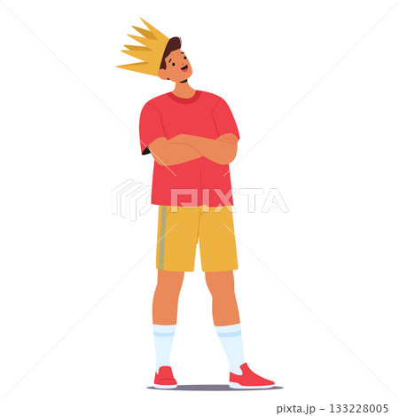 Teenage boy child cartoon character wearing golden crown standing isolated on white background Teenage boy child cartoon character wearing golden crown standing isolated on white background 133228005