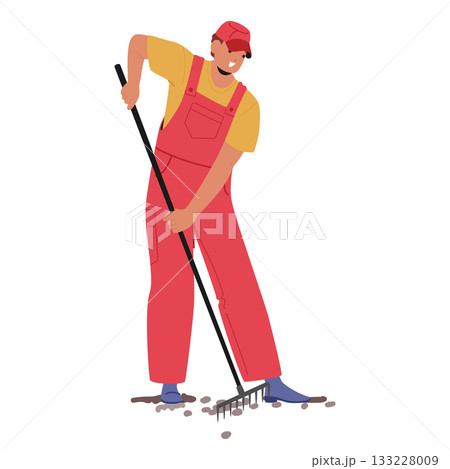 Gardener character using rake, clearing and leveling stones while carrying out landscaping work 133228009