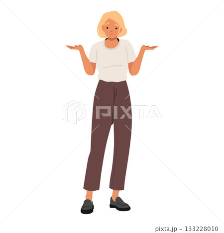 Adult woman showcasing confusion on face spreading arms wide standing isolated on white background 133228010