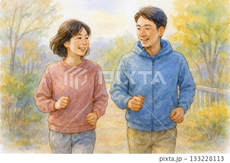 早朝のジョギングを楽しむ日本人カップルのライフスタイル 133228113