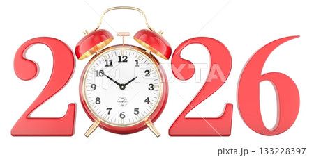 2026 New Year concept with red alarm clock. 3D rendering 133228397