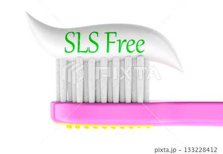 SLS free toothpaste on pink toothbrush. 3D rendering SLS free toothpaste on pink toothbrush. 3D rendering 133228412