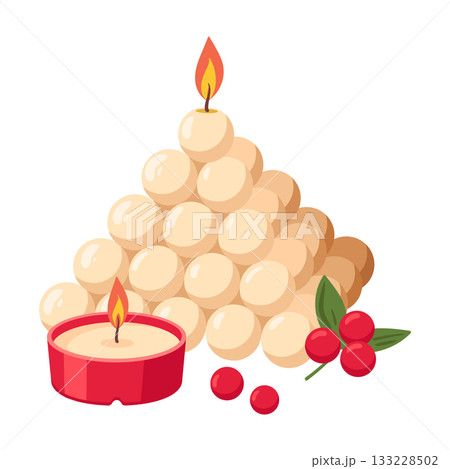Cartoon xmas aromatic candle. Christmas wax candle, winter holidays cozy aroma decorated candle flat vector illustration. Xmas candle on white 133228502