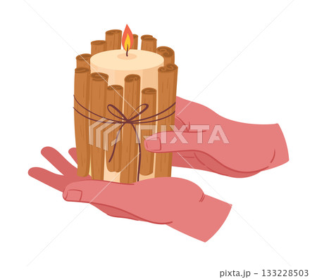 Cartoon xmas candle in hands. Christmas wax candle, winter holidays cozy aroma decorated candle with cinnamon sticks flat vector illustration. Xmas candle on white 133228503