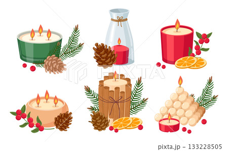 Christmas decorated candles. Cartoon xmas wax candles, winter holidays cozy aroma candles with spruce branch and fir cones flat vector illustration set. Xmas candles decor on white Christmas decorated candles. Cartoon xmas wax candles, winter holidays cozy aroma candles with spruce branch and fir cones flat vector illustration set. Xmas candles decor on white 133228505