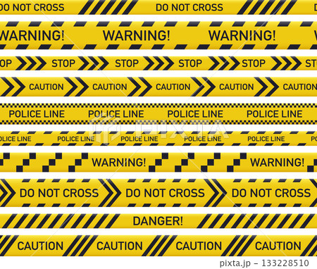 Crime scene yellow tapes. Caution yellow line, police danger lines and crime barriers flat vector illustration set. Police security area lines Crime scene yellow tapes. Caution yellow line, police danger lines and crime barriers flat vector illustration set. Police security area lines 133228510