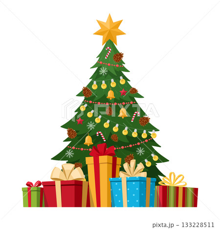 Decorated xmas green fur tree. Christmas tree with gift boxes, winter holidays evergreen tree decorated with ornaments and lights flat vector illustration. Cartoon Merry Christmas greeting card Decorated xmas green fur tree. Christmas tree with gift boxes, winter holidays evergreen tree decorated with ornaments and lights flat vector illustration. Cartoon Merry Christmas greeting card 133228511