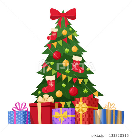 Xmas green fur tree. Decorated Christmas tree with gift boxes, winter holidays evergreen tree decorated with ornaments and lights flat vector illustration. Merry Christmas tree card 133228516