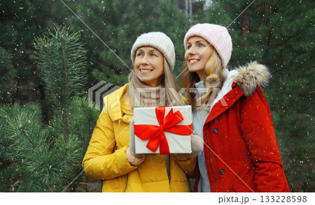 Winter happy women friends holding gift box, celebration, joyful girlfriends together in Christmas 133228598