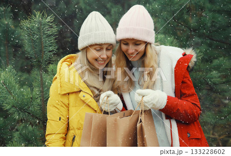 Christmas happy smiling women friends have fun, celebration in winter, joyful girlfriends together Christmas happy smiling women friends have fun, celebration in winter, joyful girlfriends together 133228602