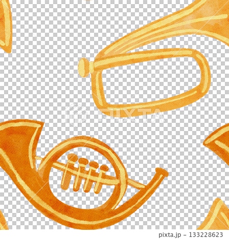 Brass horns in warm golden tones. Watercolor seamless pattern. Hand-painted musical design on white, perfect for festive wrapping paper, Christmas crafts, textiles, invitations, and creative projects 133228623