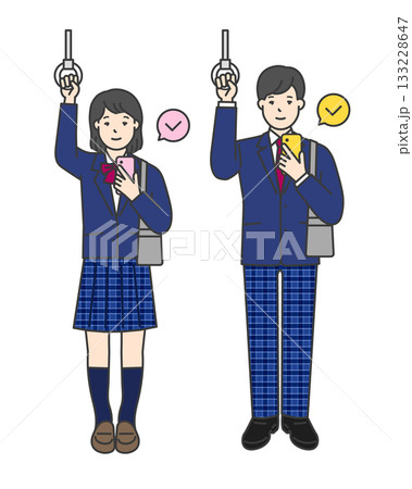 つり革につかまる制服姿の女子学生と男子学生のイラスト素材 133228647