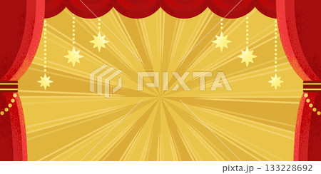 赤いステージカーテンと金色の放射光背景／華やかなゴールド演出の抽象デザイン 133228692