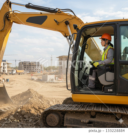重機を操る女性オペレーター 133228884