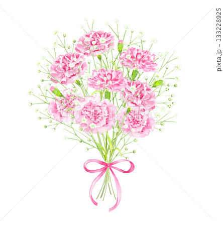 水彩で描いたカーネーションとカスミソウの花束 133228925