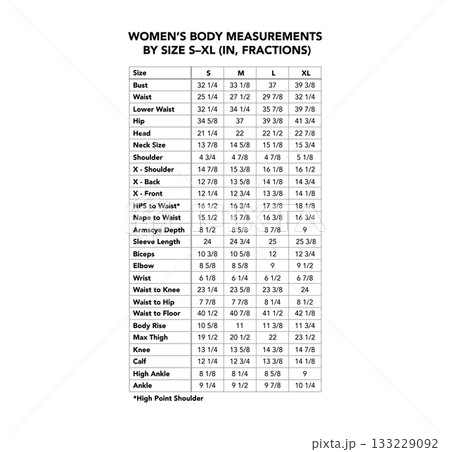 Women size inches fractions chart S M L XL measurements for bust, waist, hips, sleeve, shoulder, height guide. Standard 133229092