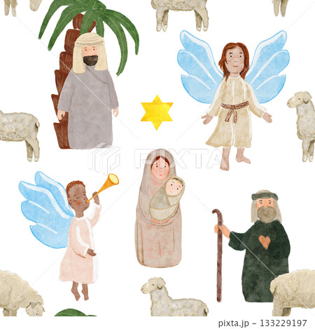Baby Jesus with Mary, Joseph, shepherds, angels and sheep. Hand-painted watercolor seamless pattern on white. Perfect for Christmas cards, Sunday school, banners, textile and Christian decor. Holy 133229197