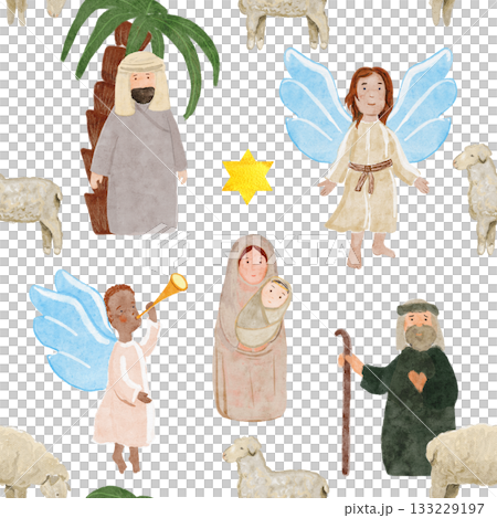 Baby Jesus with Mary, Joseph, shepherds, angels and sheep. Hand-painted watercolor seamless pattern on white. Perfect for Christmas cards, Sunday school, banners, textile and Christian decor. Holy 133229197