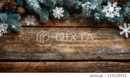 Wooden textured background with snowflakes and pine cones for winter and holiday seasonal decorations and celebrations 133229432