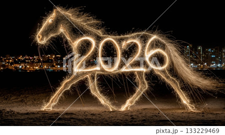 Fiery horse illuminating 2026 new year celebration with sparkling cityscape 133229469