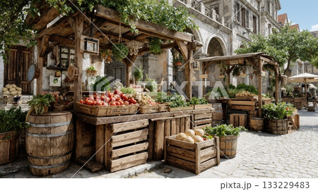Rustic outdoor market with fresh vegetables, fruits, and wooden stalls in a european town square Rustic outdoor market with fresh vegetables, fruits, and wooden stalls in a european town square 133229483